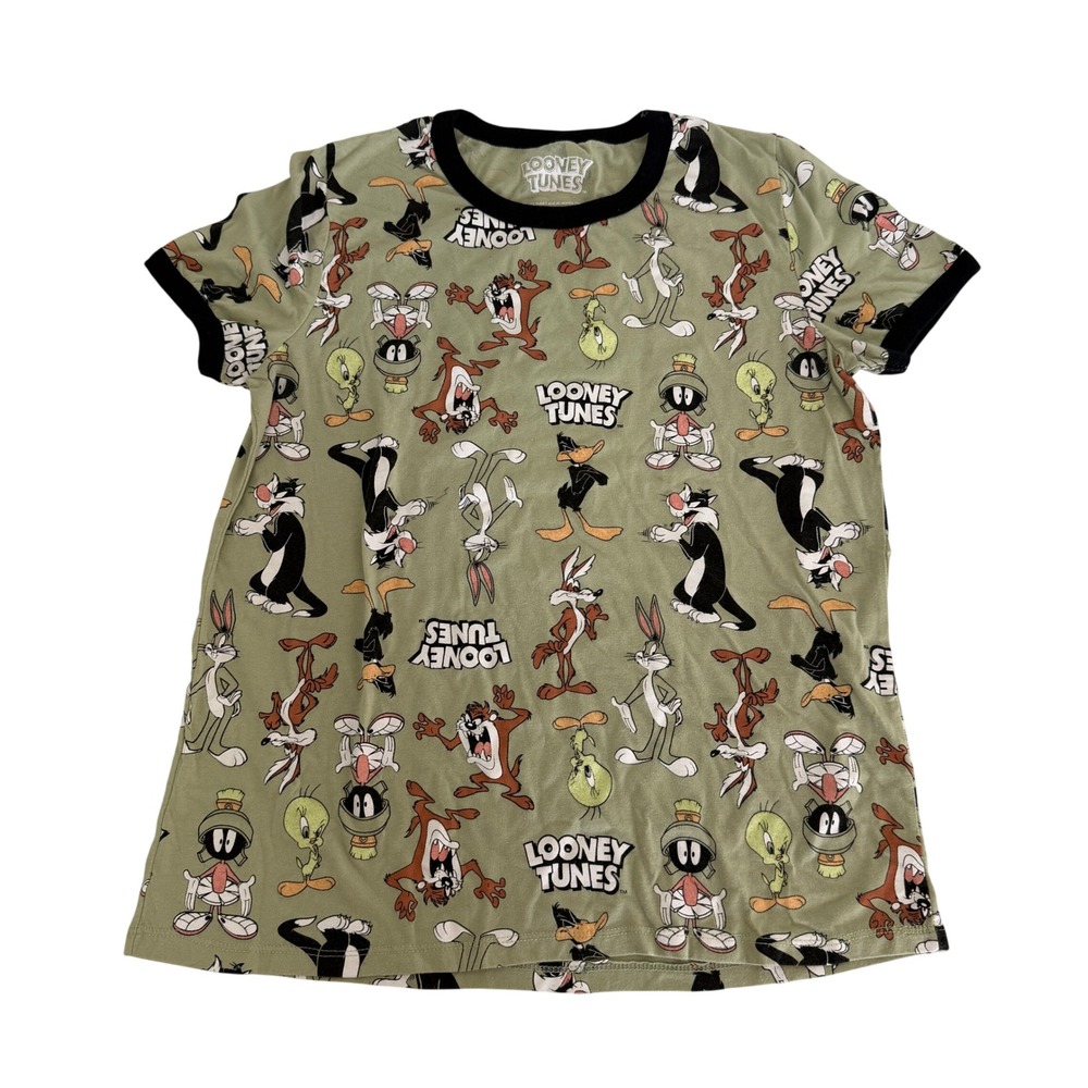 Looney Tunes All Over Print Ringer T-Shirt Green Kids XXXL Bugs Bunny Daffy Duck